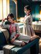 A couple of women sitting on top of a bed.